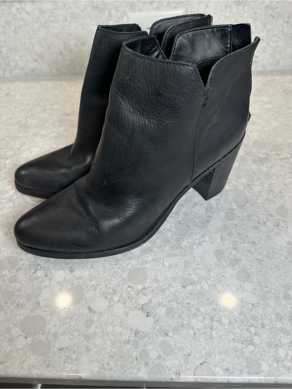 bp Black Leather Ankle Booties with Stacked Heel